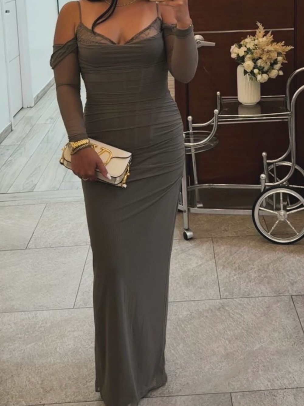 House of CB Olive-Taupe Off-Shoulder Ruched Maxi Dress - Picture 1 of 6